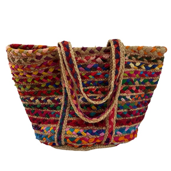 Antik Batik Multicolor Woven Jute Large Tote Boho Cabas Bag Spring Summer Beach - Picture 2 of 15